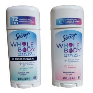 Secret Whole Body Sensitive Deodorant Dry Solid Aluminum Free 2.4 OZ, 2 Pk